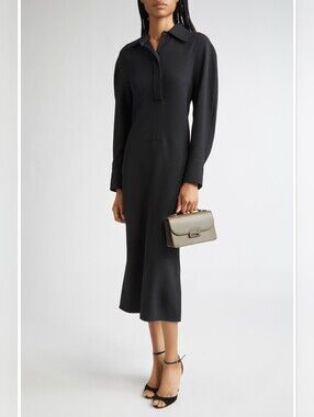 VICTORIA BECKHAM Crepe Long Sleeve Polo Midi Dress Black IT 42 US 6 Org $1,550